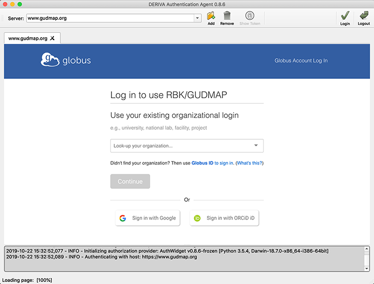 DERIVA Login Page - initial authorization page