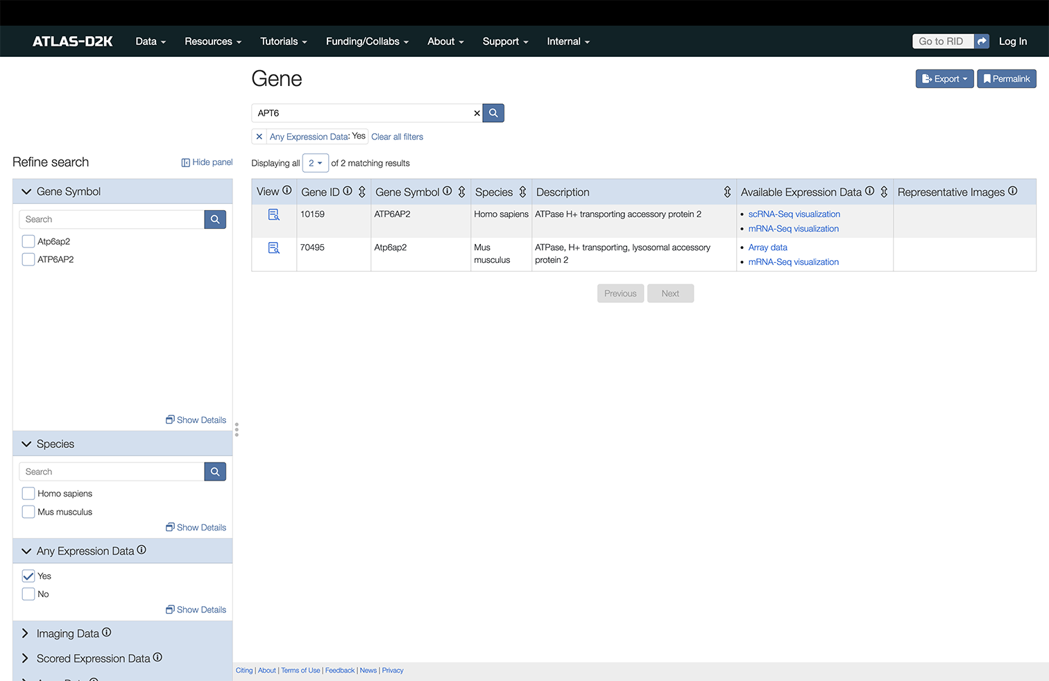 Shows the Gene search page