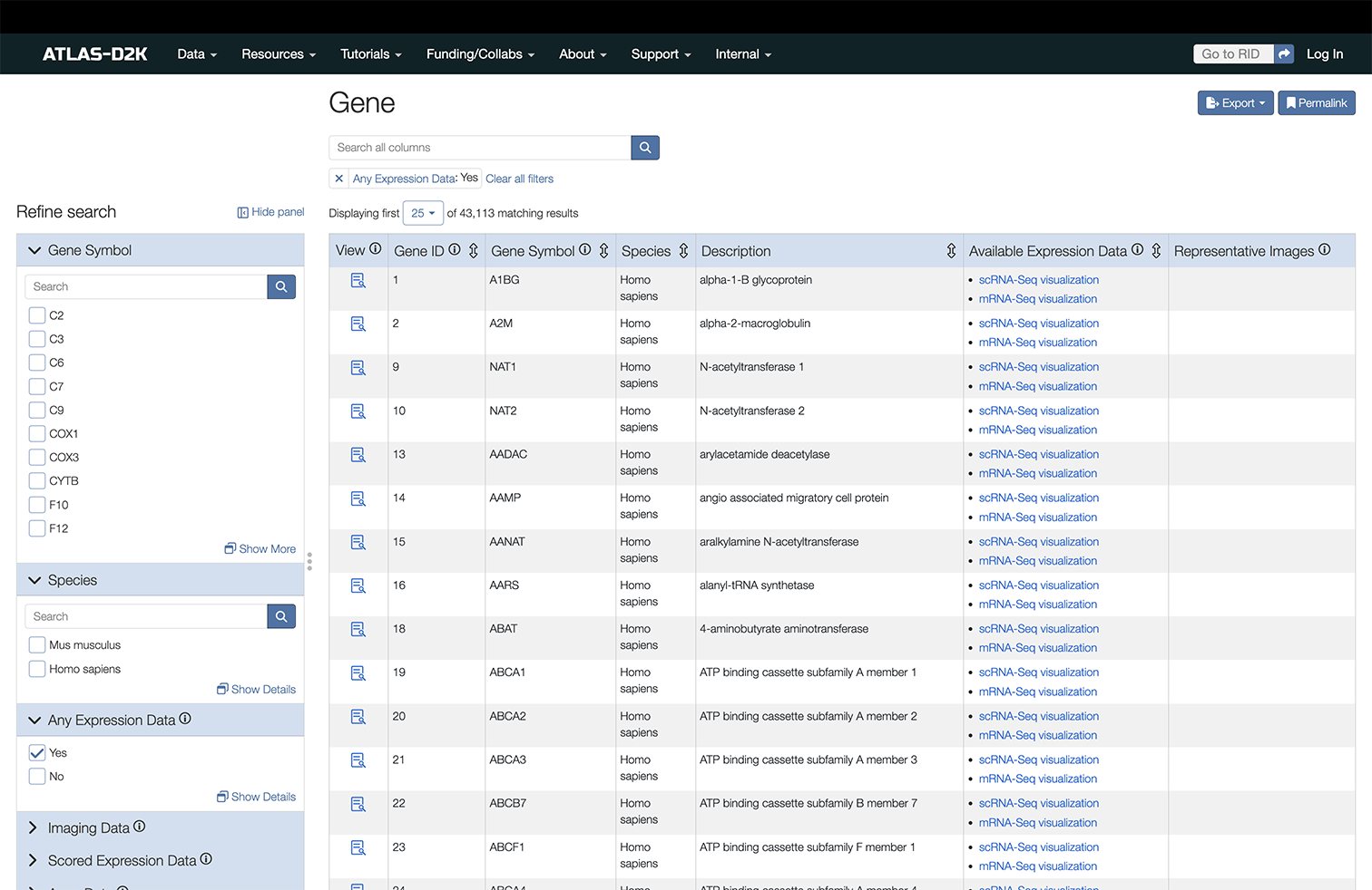 Shows the Gene search page