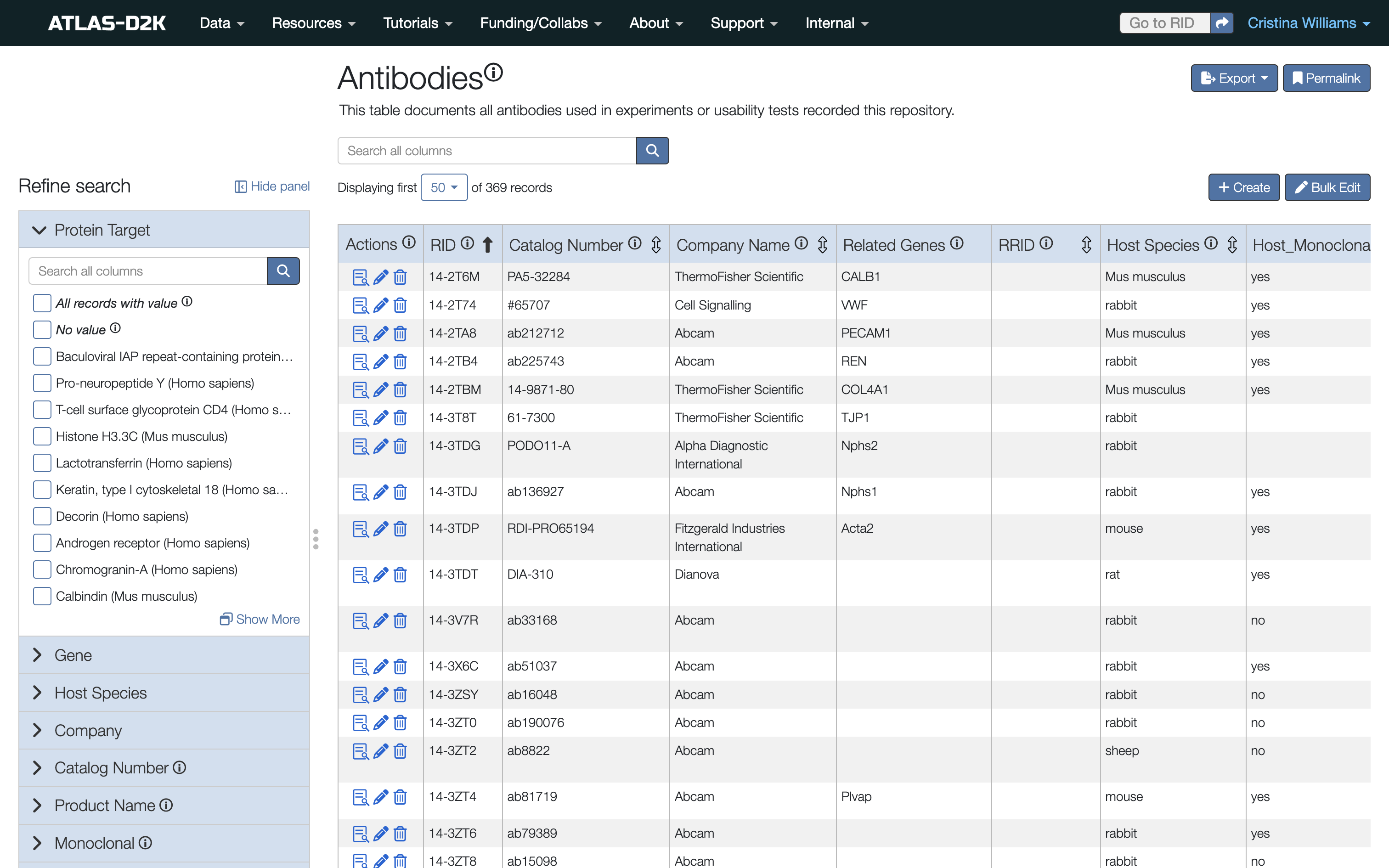 Screenshot of antibodies search page