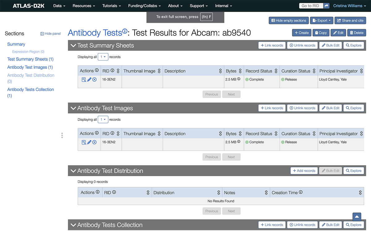 Screenshot that focuses on various sections available on the Antibody Test record