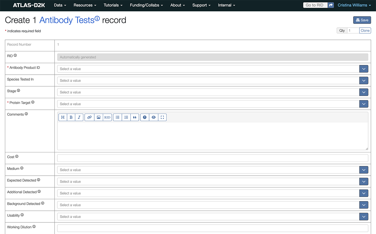 Screenshot of the Create Antibody Test Record form