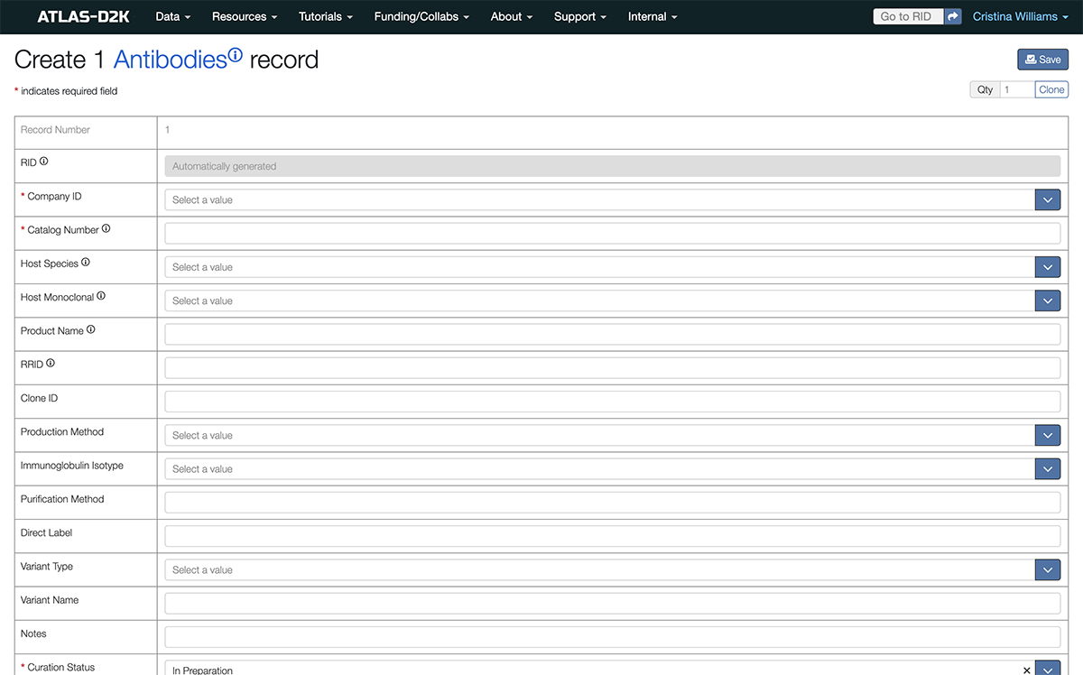 Screenshot of the Create Antibodies form