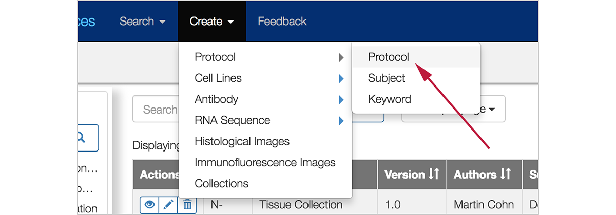 Screenshot of navigating to create protocols