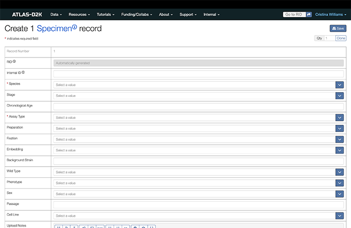 Screenshot of the Create Specimen form