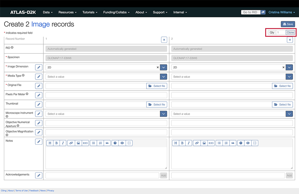 Screenshot of a cloned image record form