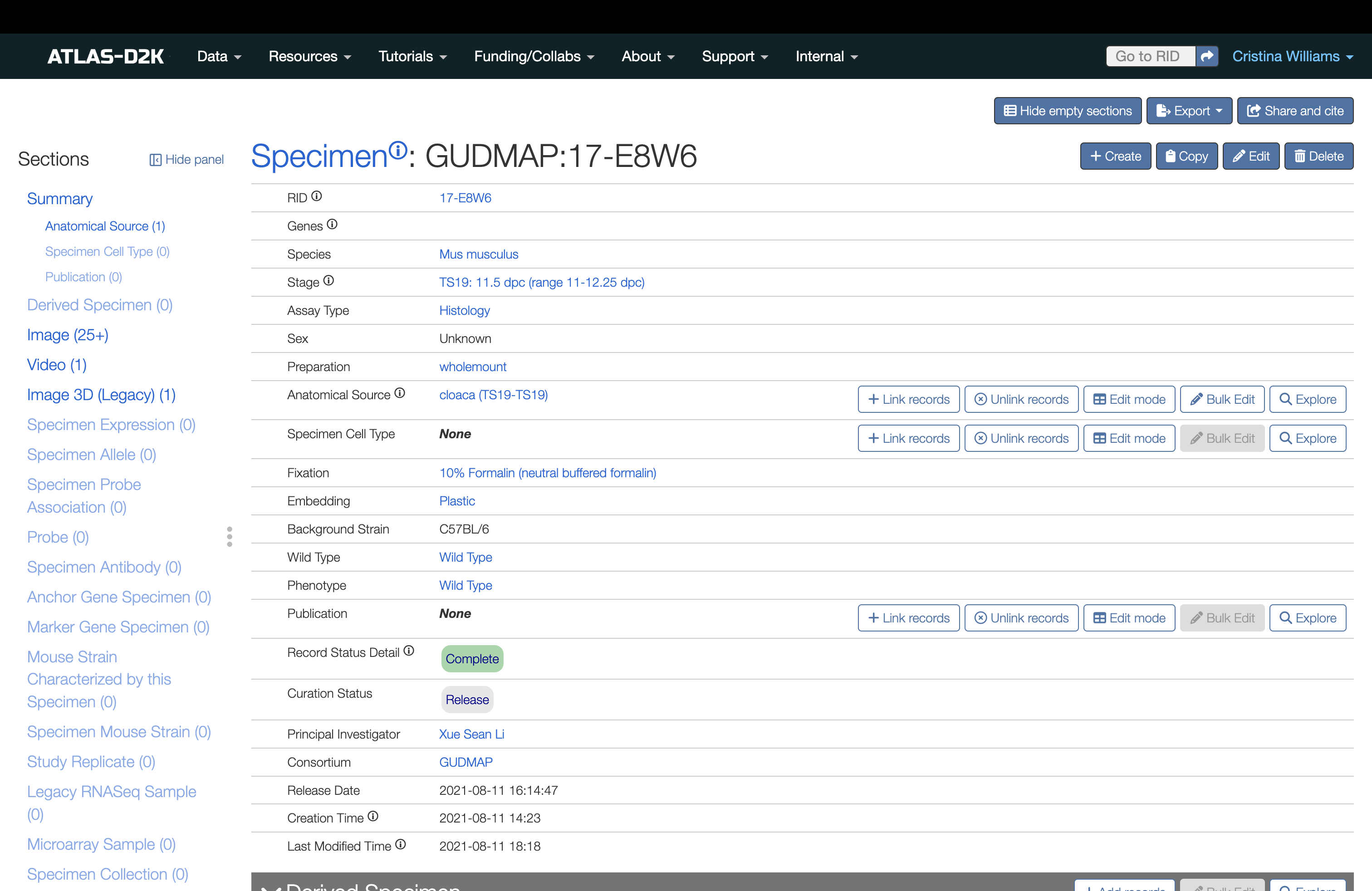 Screenshot of a Specimen record